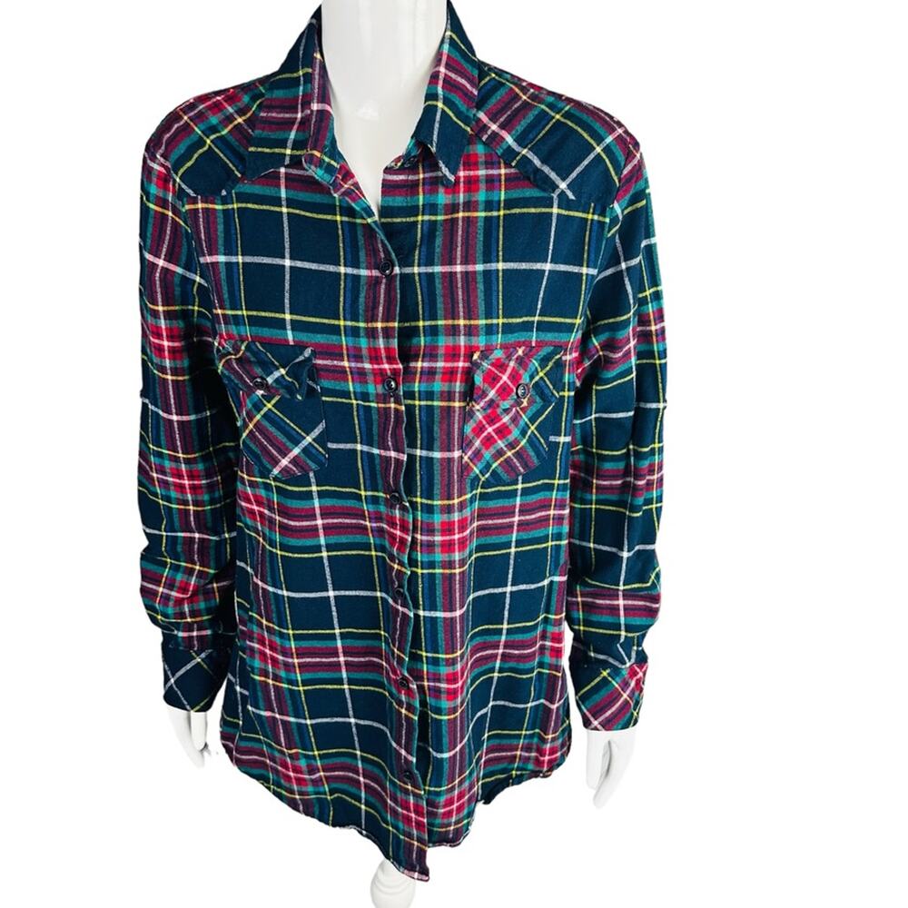 Matchstick Argus‎ Womans Sz Medium Plaid Flannel Button Down Shirt Cotton Blue